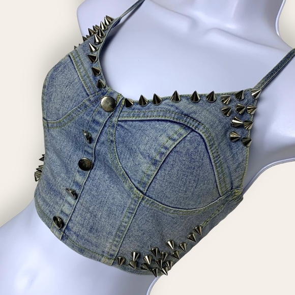 Say What? Tops - Say What? Small Studded Denim Crop Top with Metal Spike Studs, Adjustable Straps